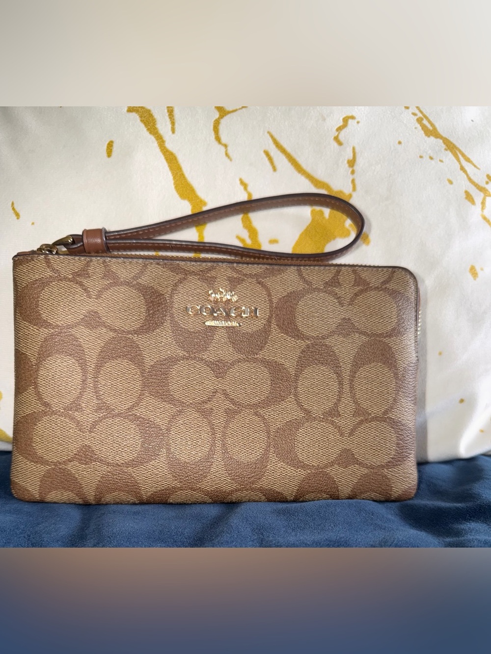 Coach Brown Canvas Zip Wristlet with Leather Trim
